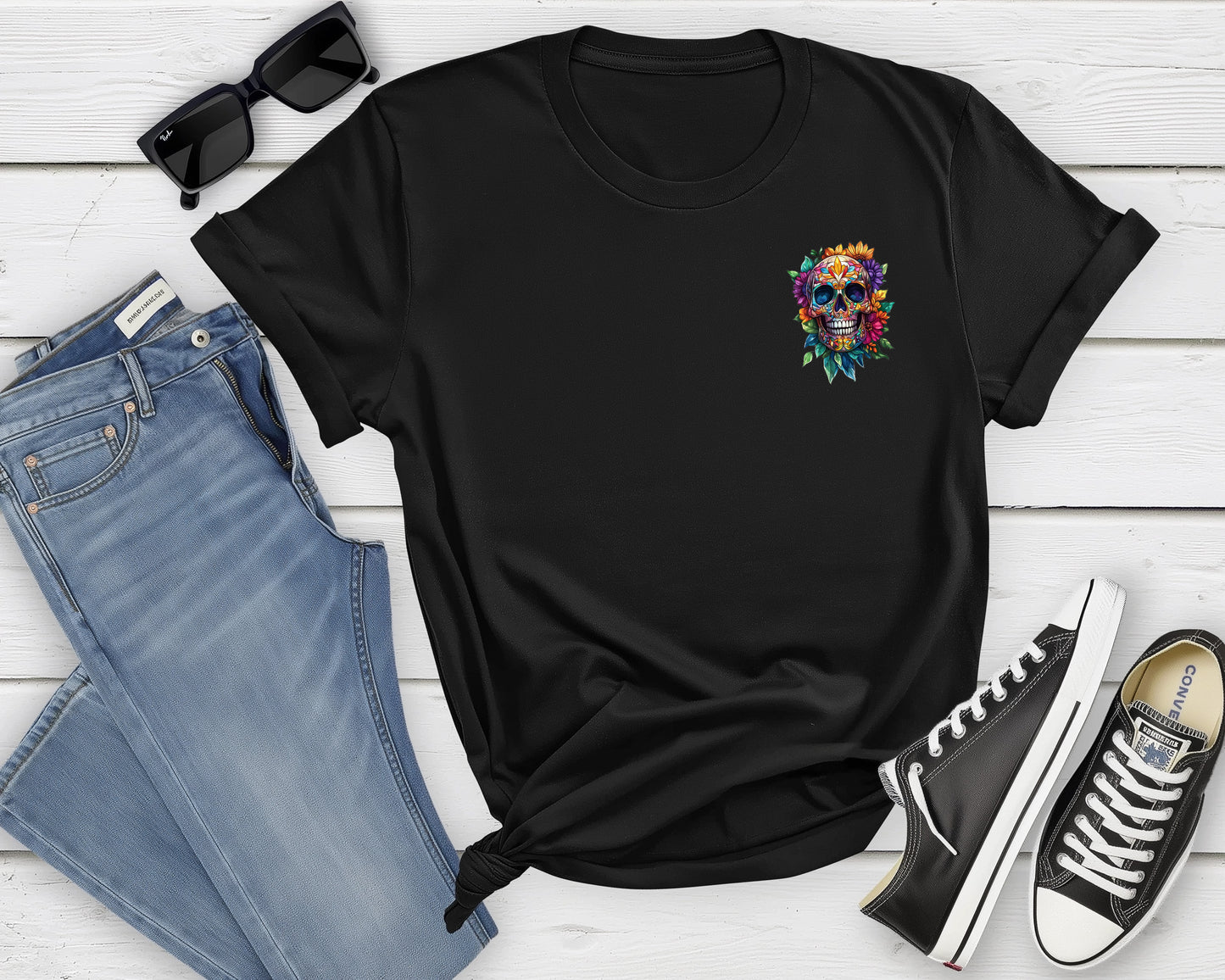 Colorful skull with flowers black tshirt.