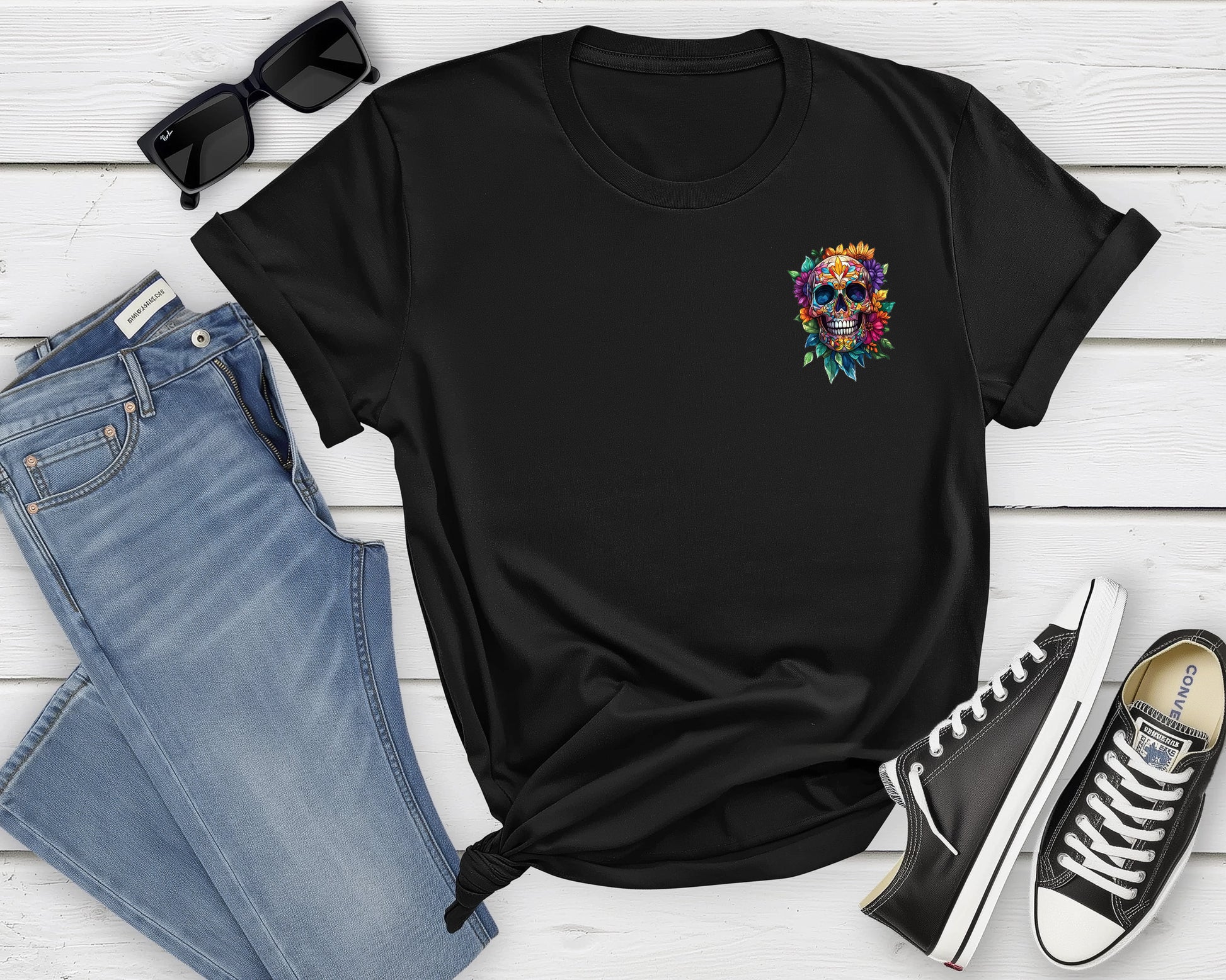 Colorful skull with flowers black tshirt.