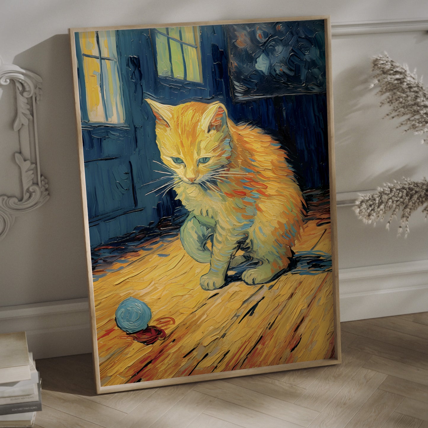 Ginger cat wall art print in a natural wood frame.