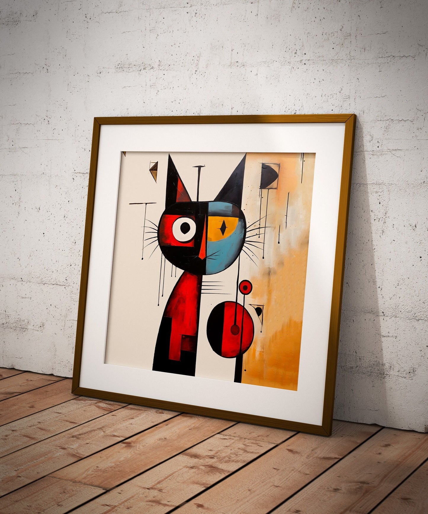 Cat portrait in the style of Joan Miró.