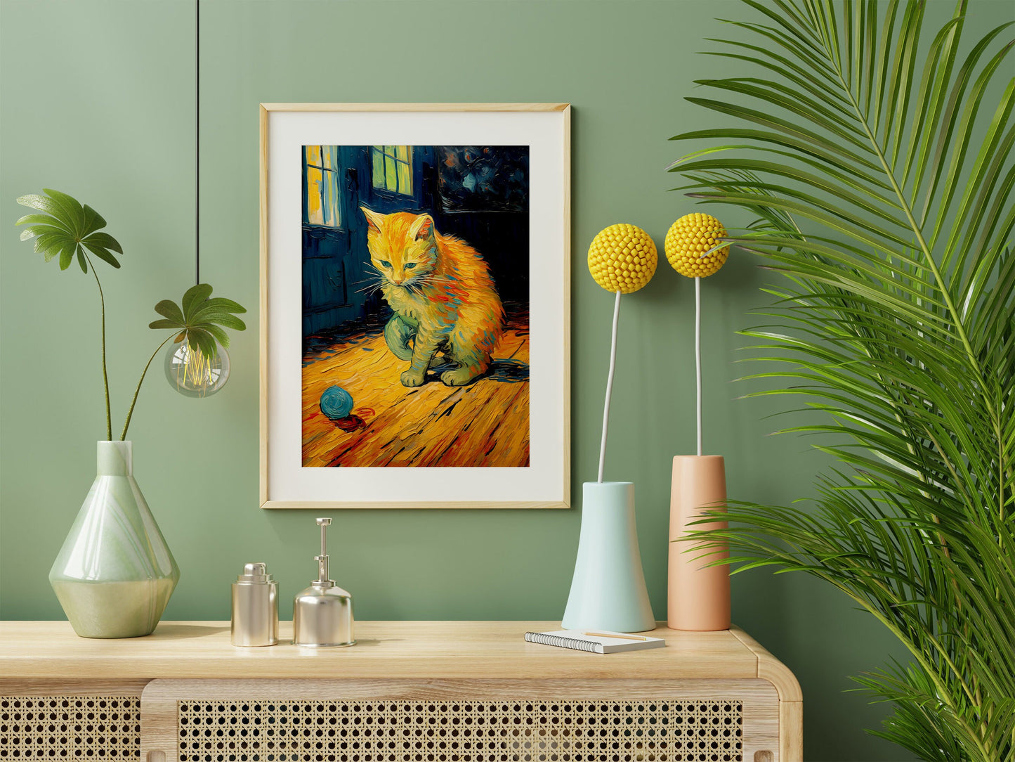 Ginger cat wall art print in a natural wood frame.