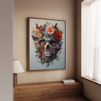 Wandbild Totenkopf mit Blumenmotiv „Leben und Tod“