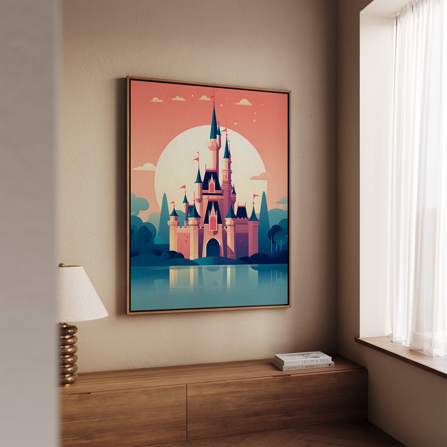 A framed vertical art print of a stylized castle at sunset, displayed on a beige wall in a modern room setting above a wooden console table.