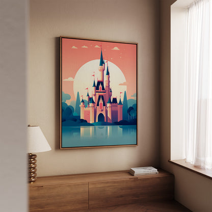 A framed vertical art print of a stylized castle at sunset, displayed on a beige wall in a modern room setting above a wooden console table.