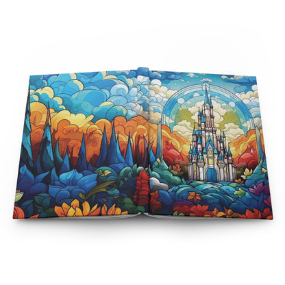 An open art book displaying a vibrant, colorful illustration of a fantasy castle surrounded by stylized clouds, trees, and flowers, set against a plain white background.