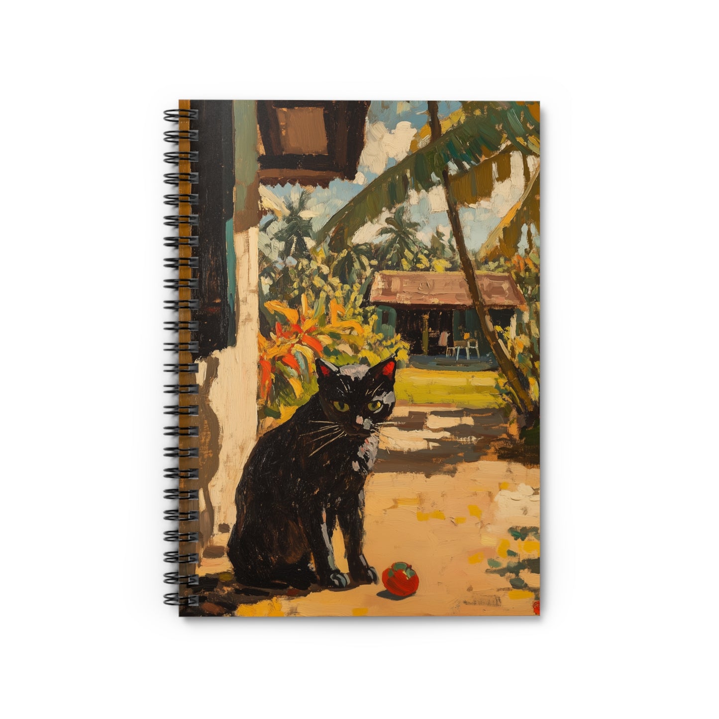 Notebook with a painting of a black cat on a tropical setting cover