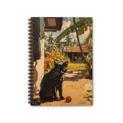 Notebook with a painting of a black cat on a tropical setting cover