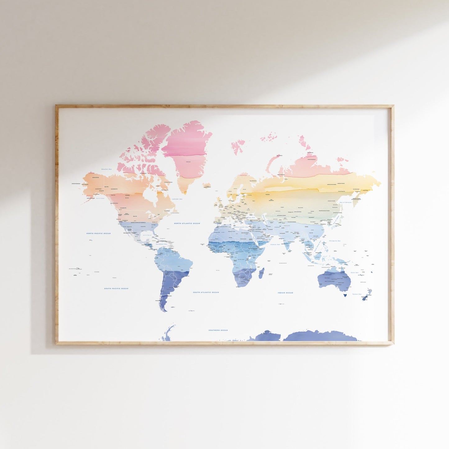 World map print in watercolors.