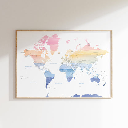 World map print in watercolors.