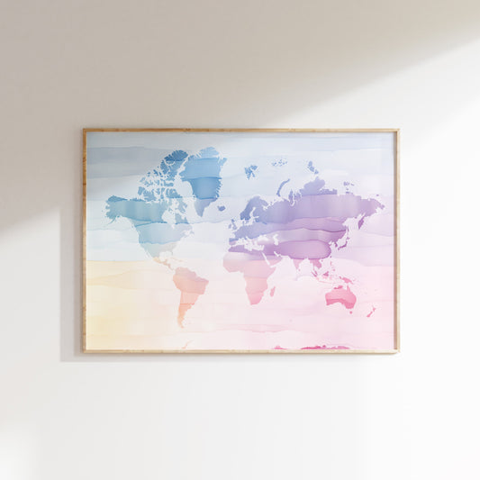 Watercolor World map art in beautiful rainbow colors.