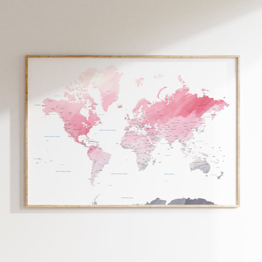 Pink watercolor world map print