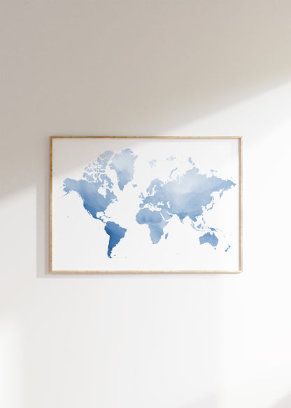 Watercolor blue world map in a wood frame.