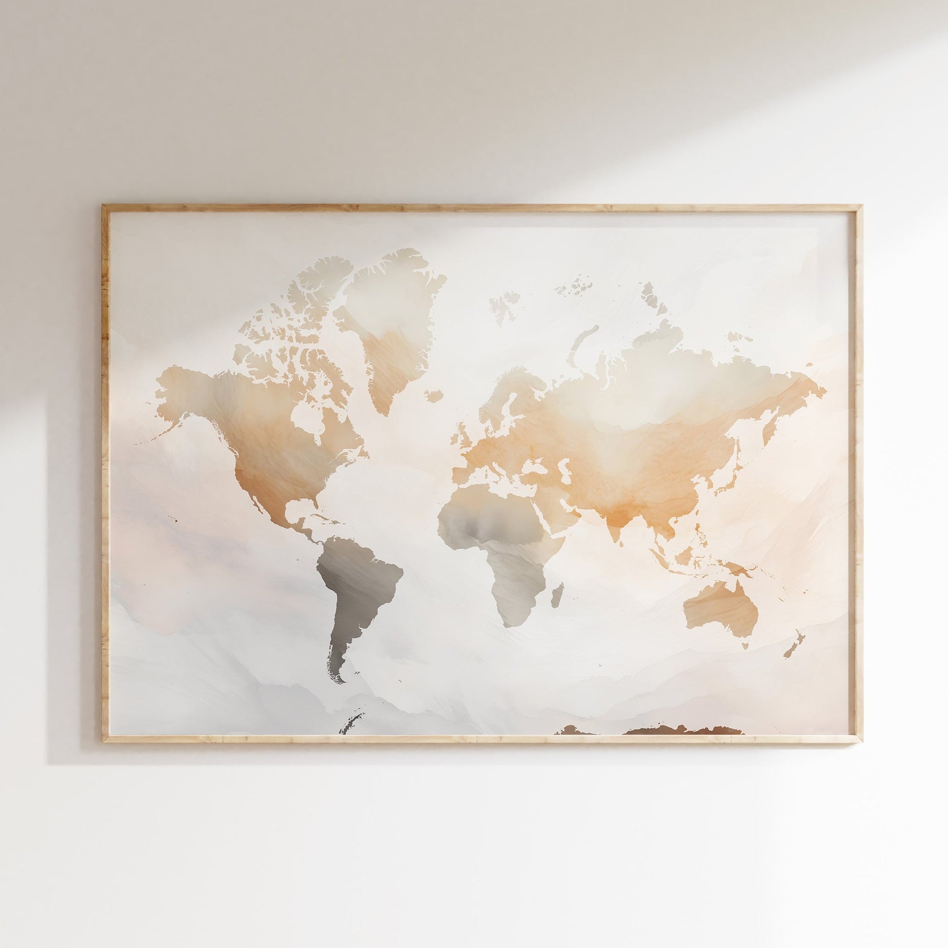 Watercolor world map print in earth tones.