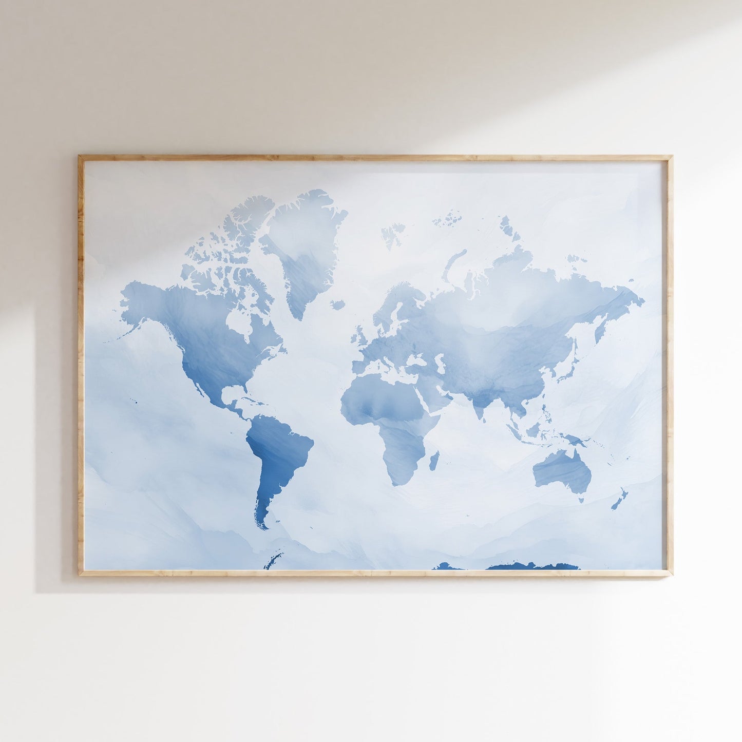 Minimalist blue watercolor world map print.