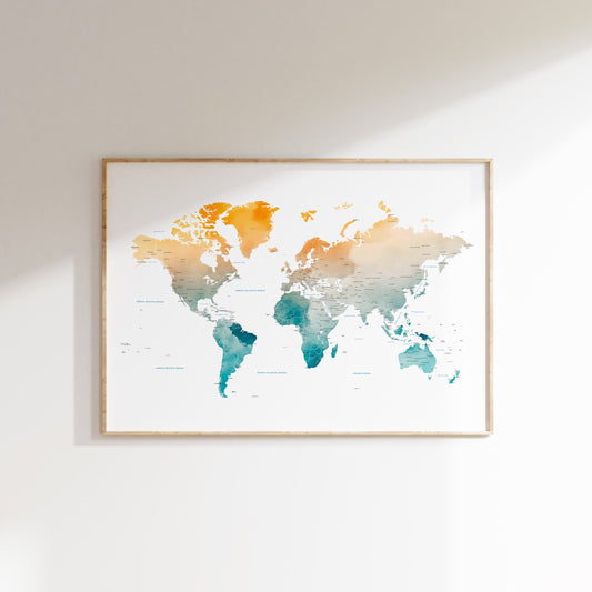 Watercolor World map in beautiful tones.