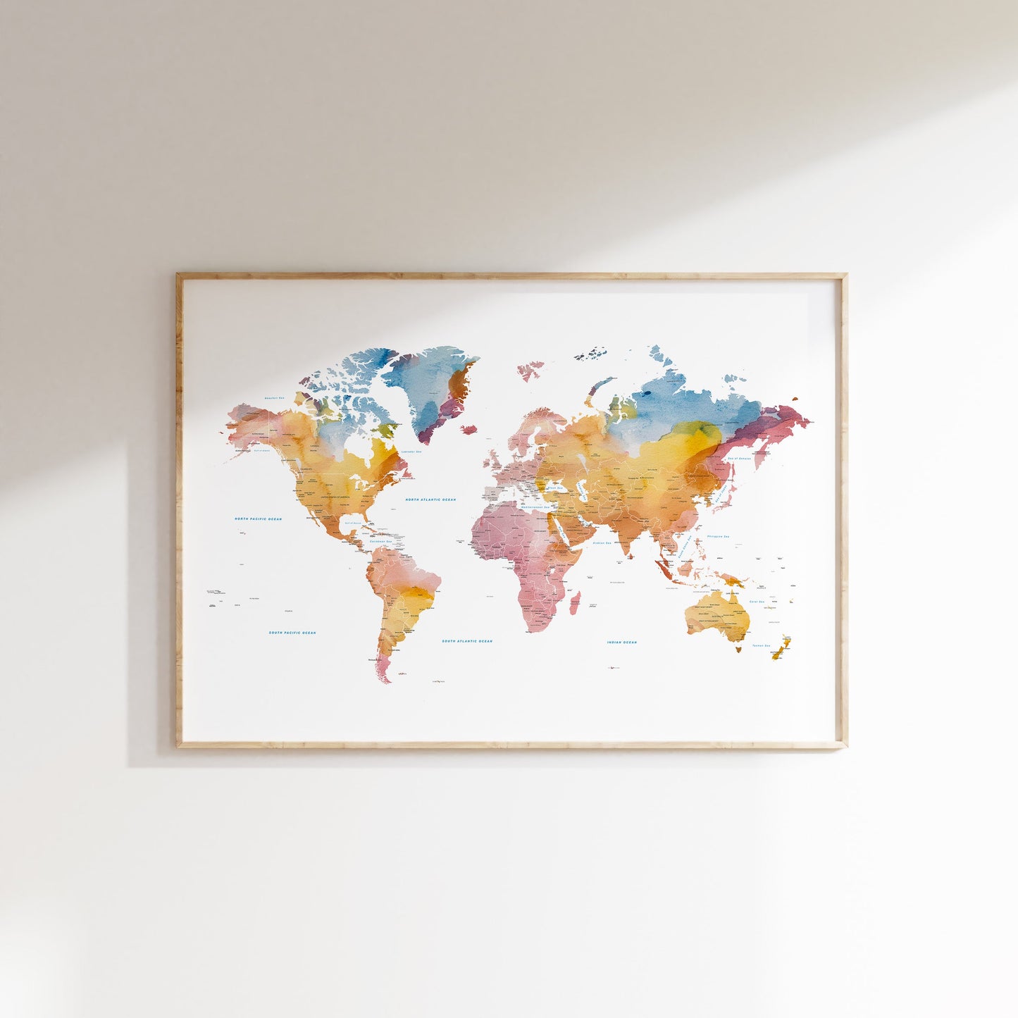 Minimalist world map in beautiful watercolors.