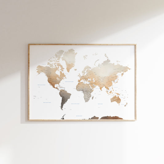 Watercolor World Map art in Earth tones.