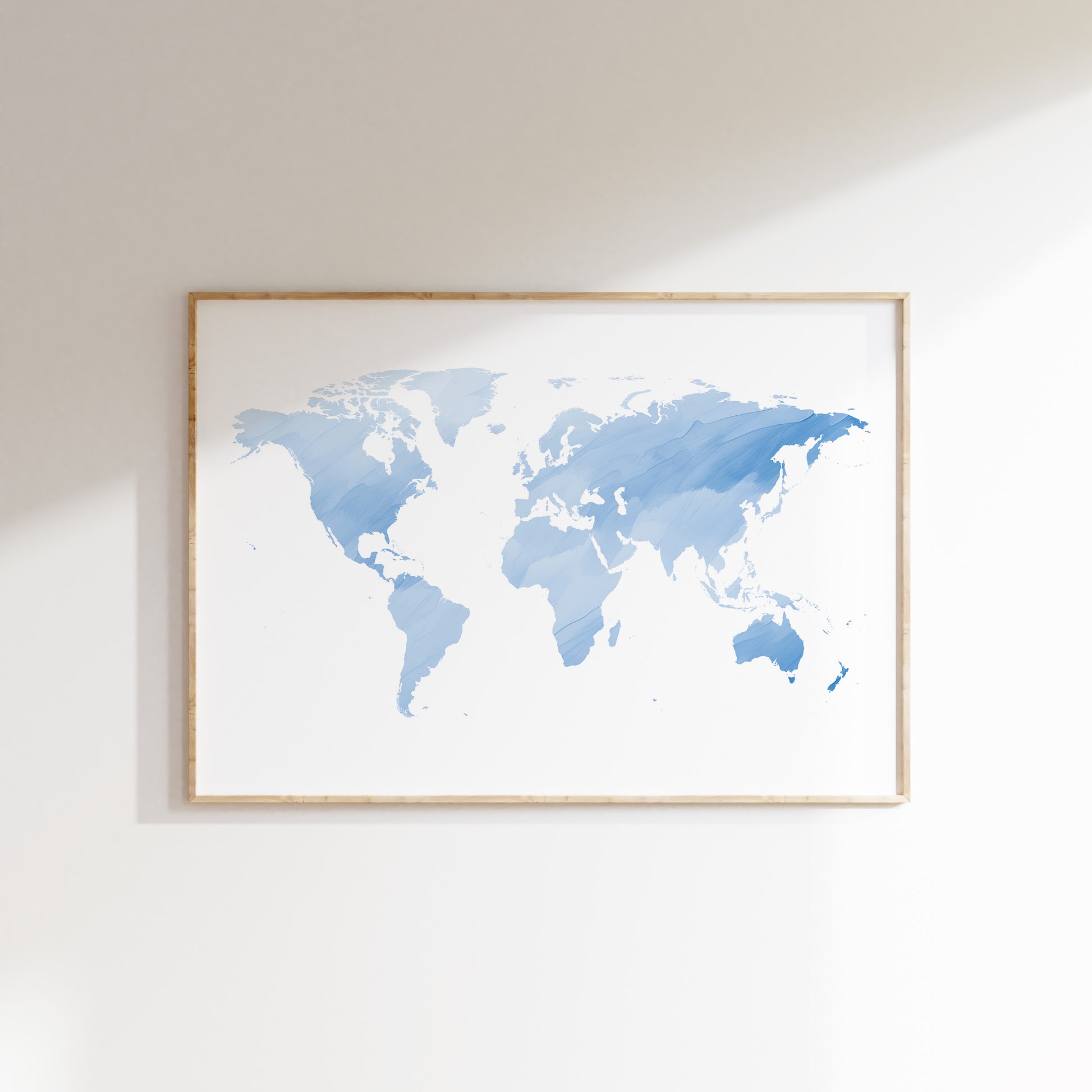 Watercolor world map art in blue tones.