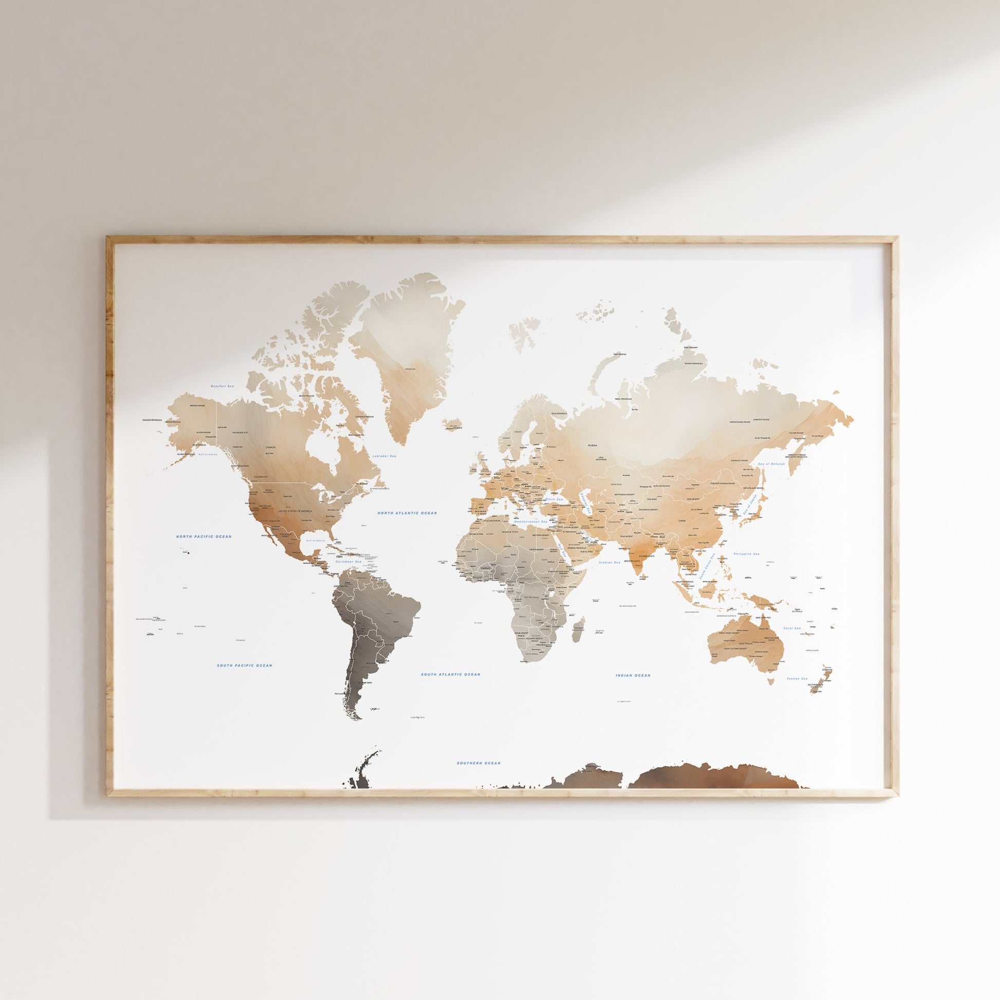 Watercolor world map in earth tones.