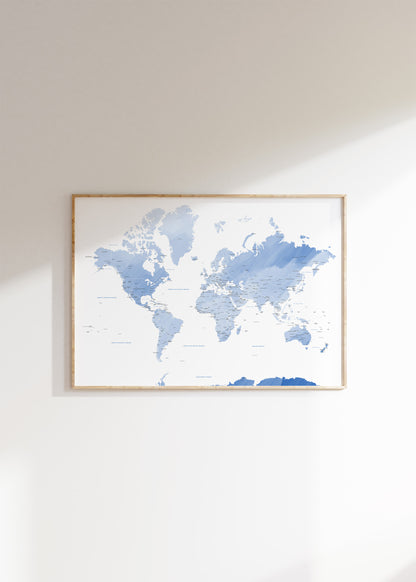 Blue Watercolor World Map wall art | Different sizes and framed options or canvas