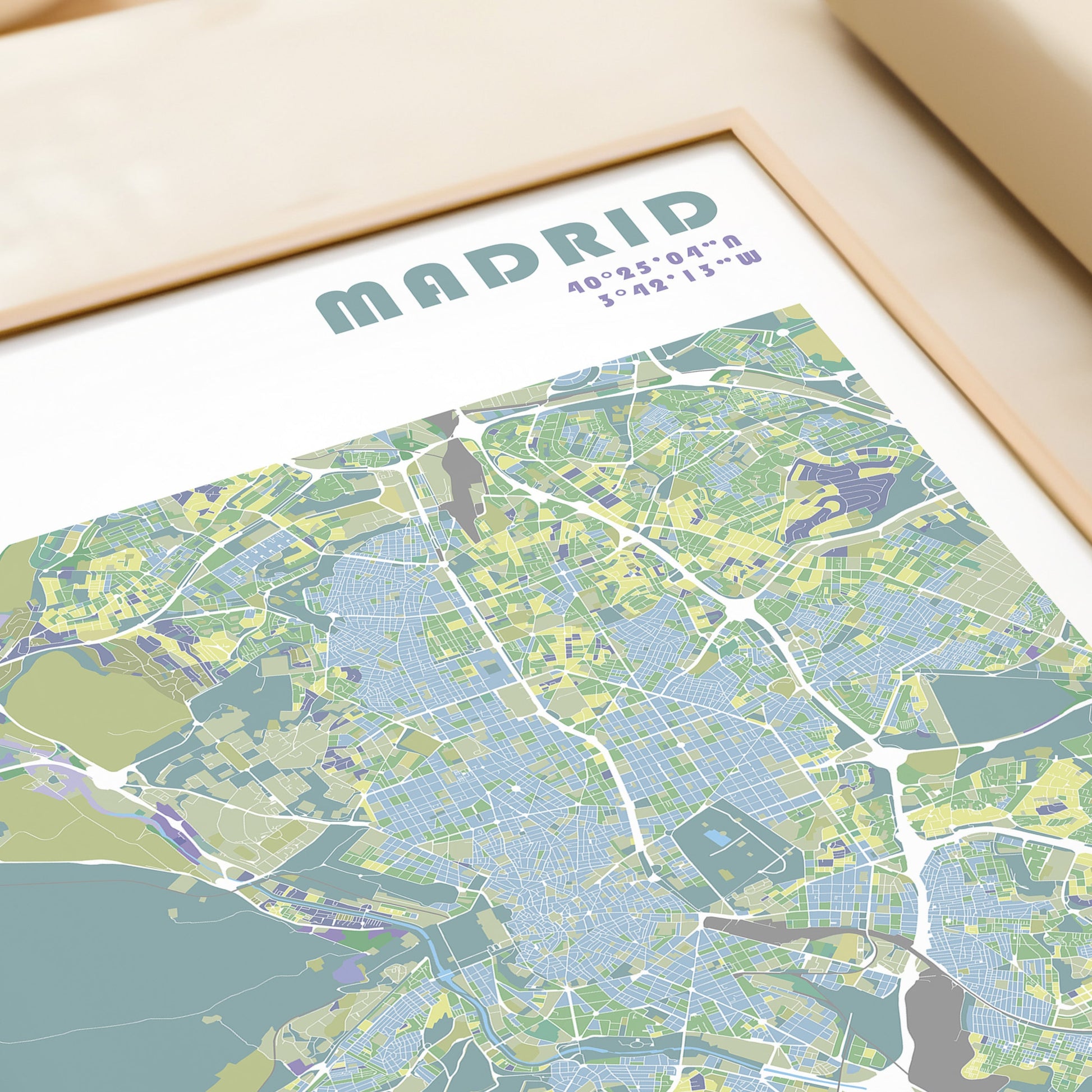 Madrid travel map poster in a wood frame.