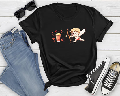 Cupid Chasing a Frappuccino Unisex T-Shirt | Different sizes and colors