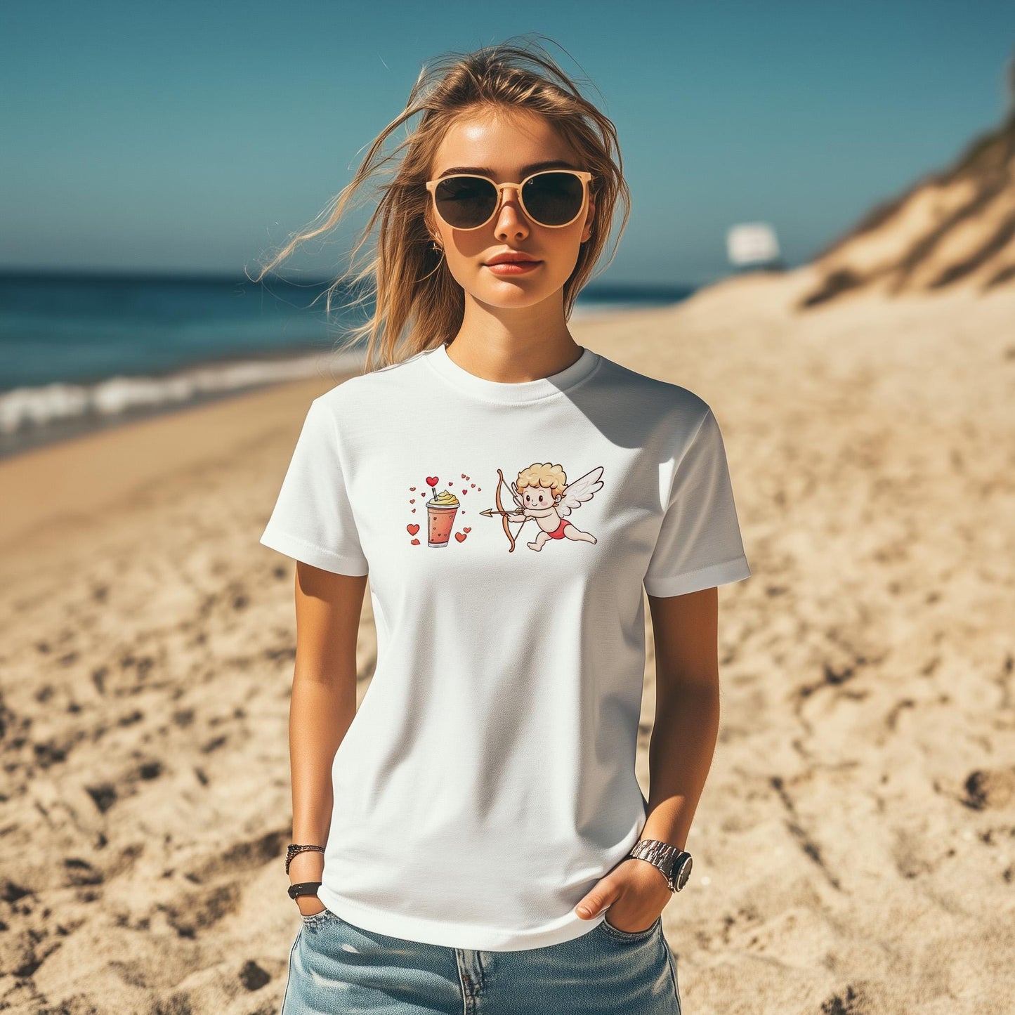 Cupid Chasing a Frappuccino Unisex T-Shirt | Different sizes and colors