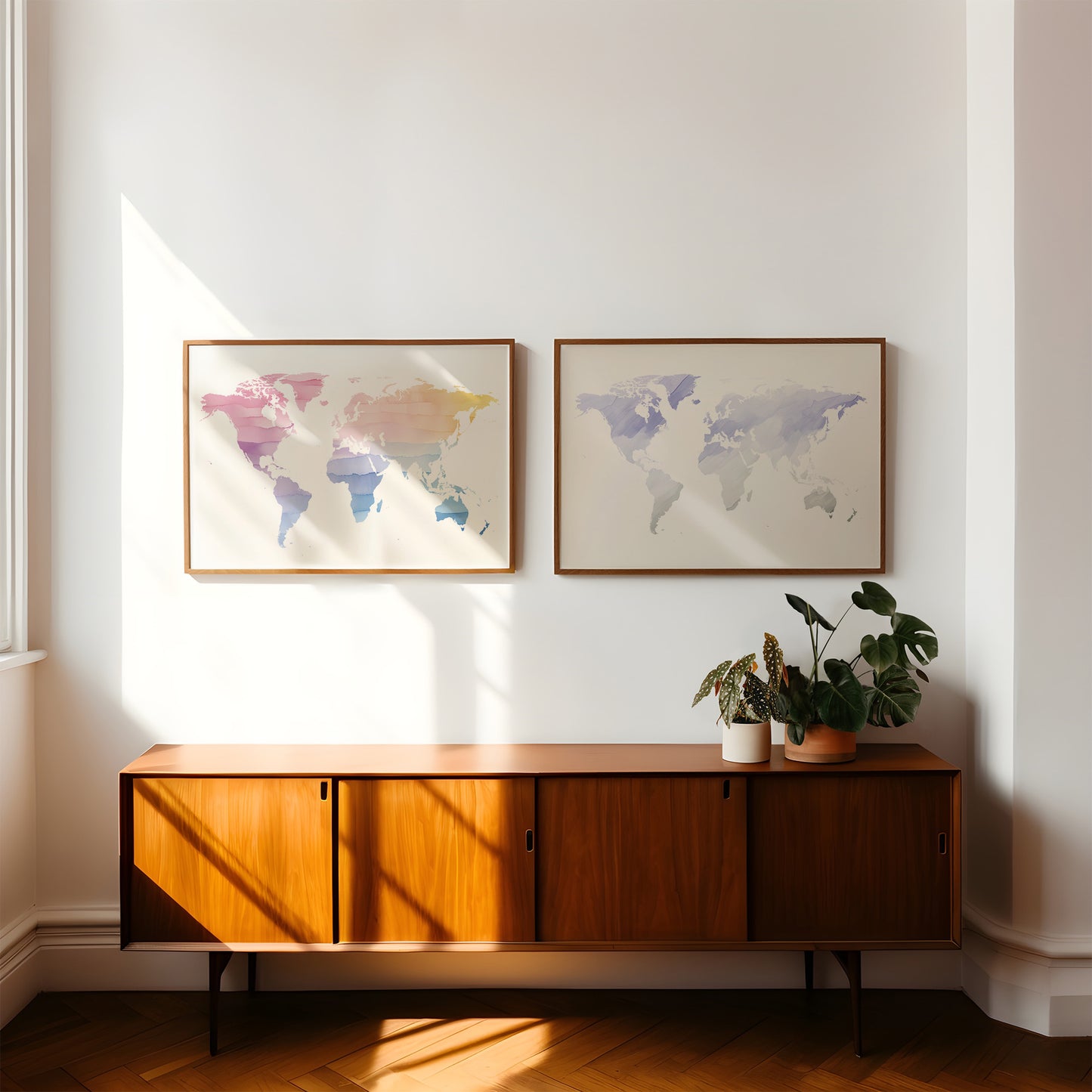 Two framed world maps with pastel watercolor colors hang on a white wall above a mid-century modern wooden sideboard with potted plants, in a sunlit room with warm sunlight and shadows.
