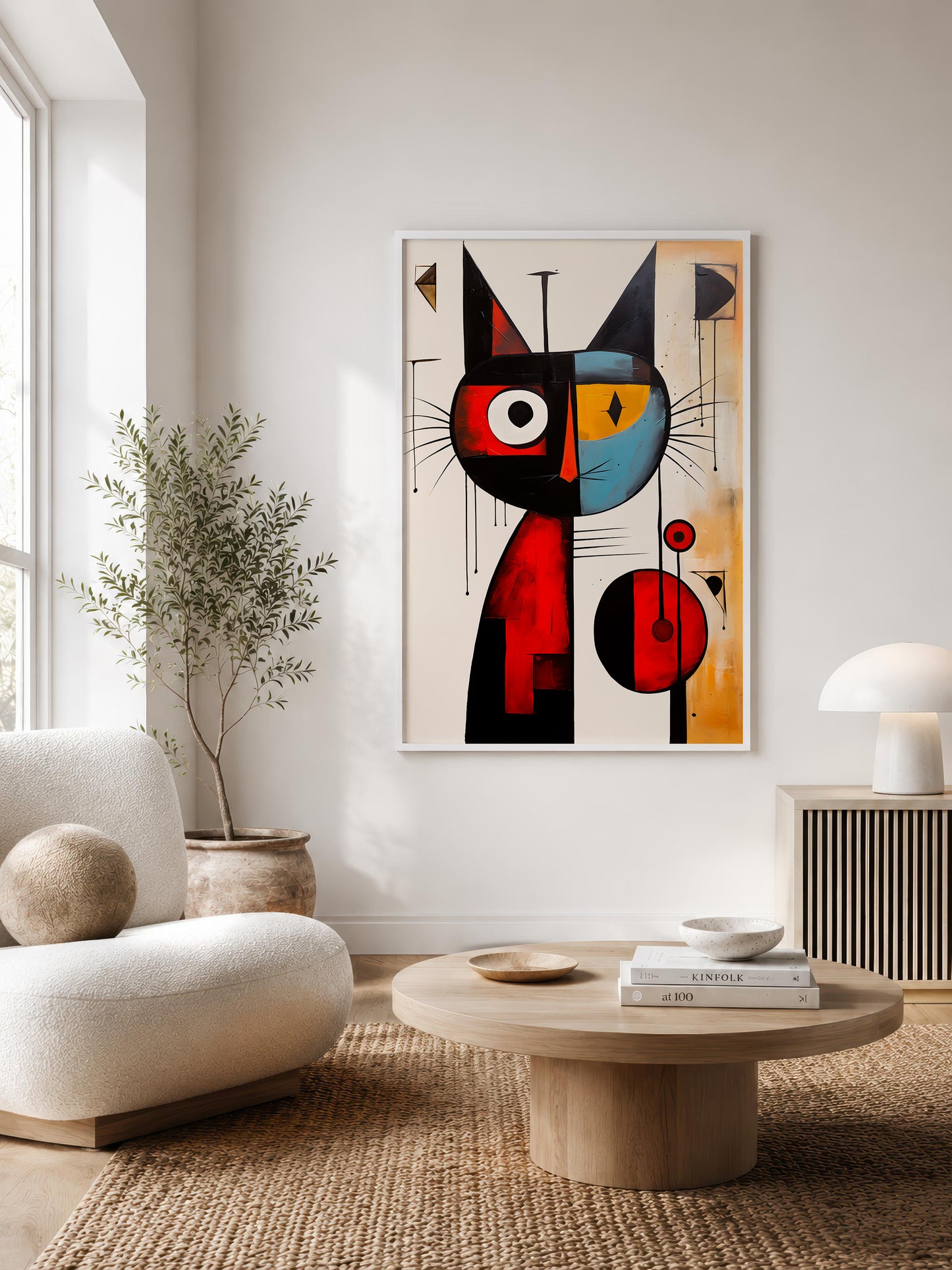 A framed abstract art print of a stylized black cat with red, blue, and yellow geometric shapes, displayed on a light gray wall in a modern living room setting.
