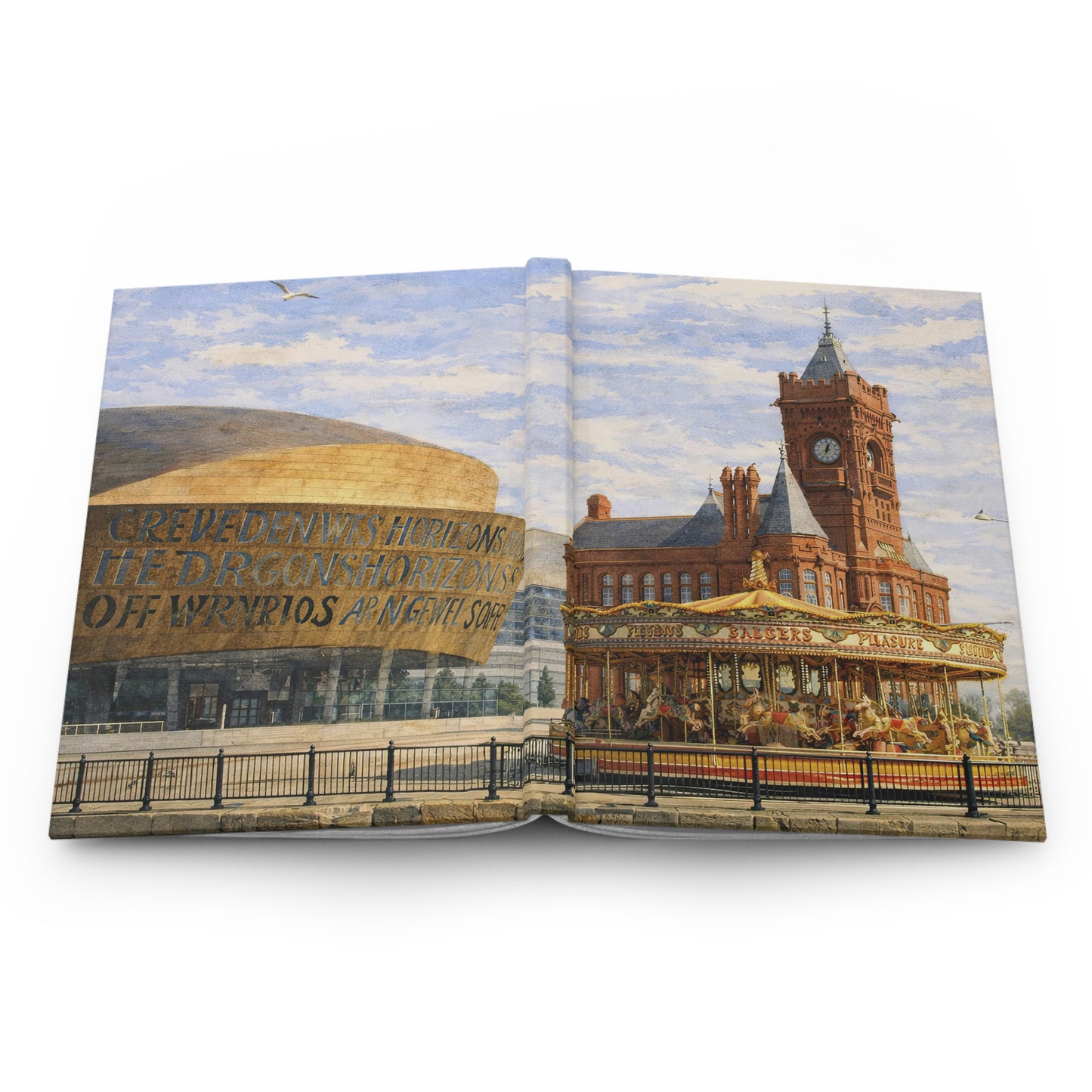 Open journal showing a scenic view of Cardiff Bay with a clock tower and the Millenium Centre in South Wales.