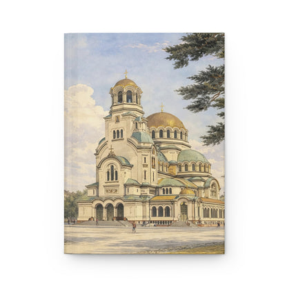 Journal showing a large cathedral in Sofia Bulgaria with gold domes against a blue sky.