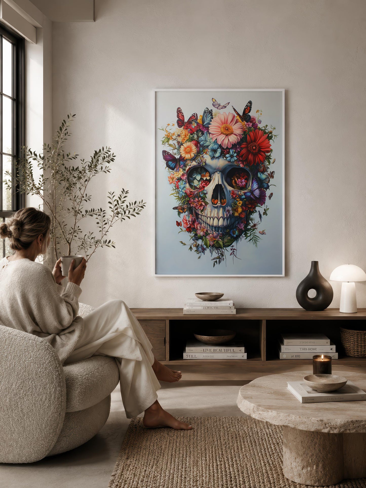 A framed colorful floral skull wall art print hangs on a beige wall in a styled living room, with a woman seated in a cream lounge chair facing the artwork. The room includes a wooden console shelf, books, a stone coffee table, and a lamp.