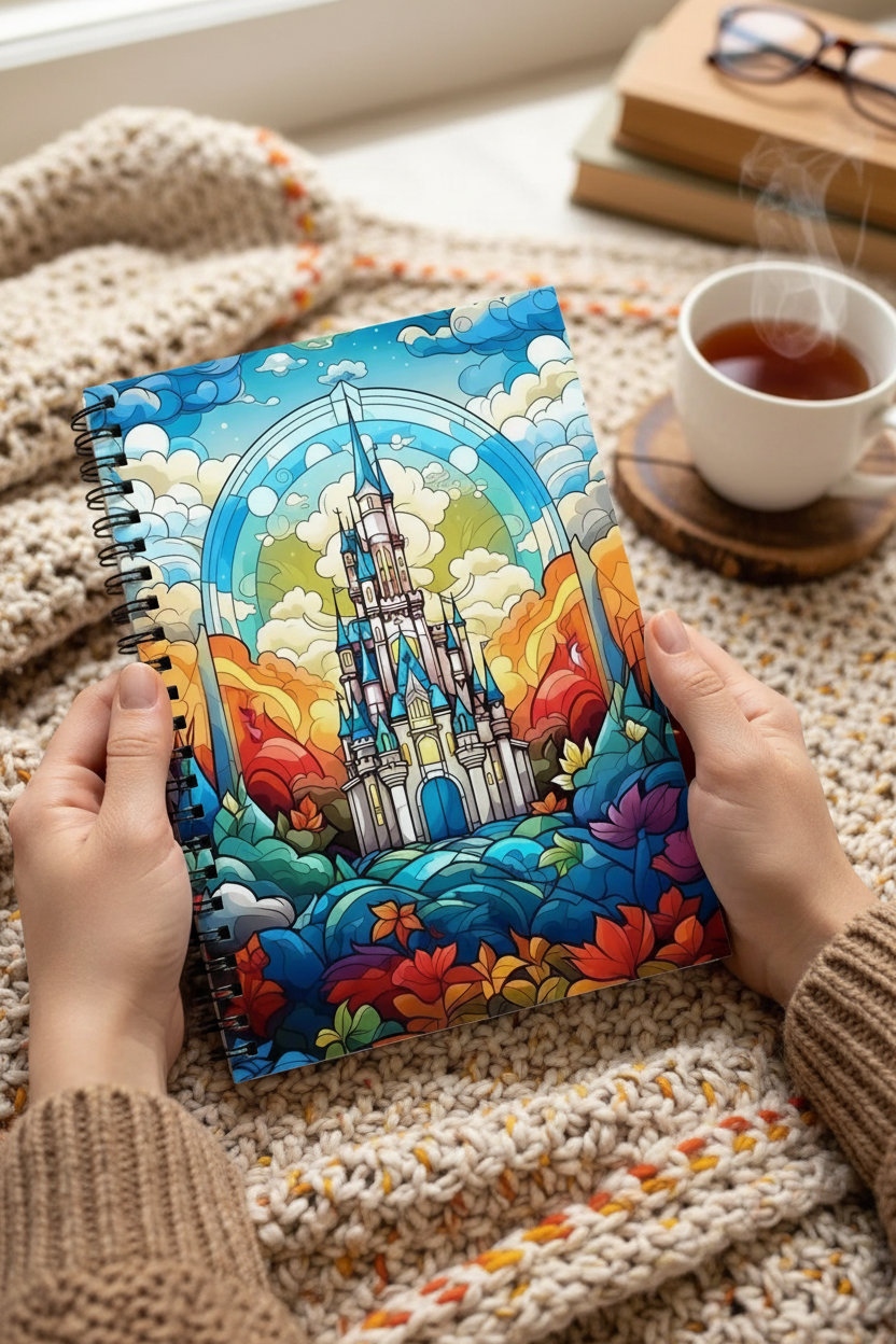 A person holds a colorful spiral notebook featuring a whimsical castle illustration in a vibrant, cartoon-like style. The scene is set on a cozy beige knit blanket next to a white cup of tea, with books and glasses in the background.