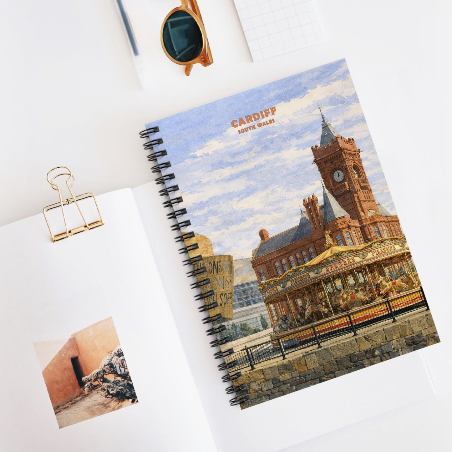 Notebook with a Cardiff cityscape design on a white surface