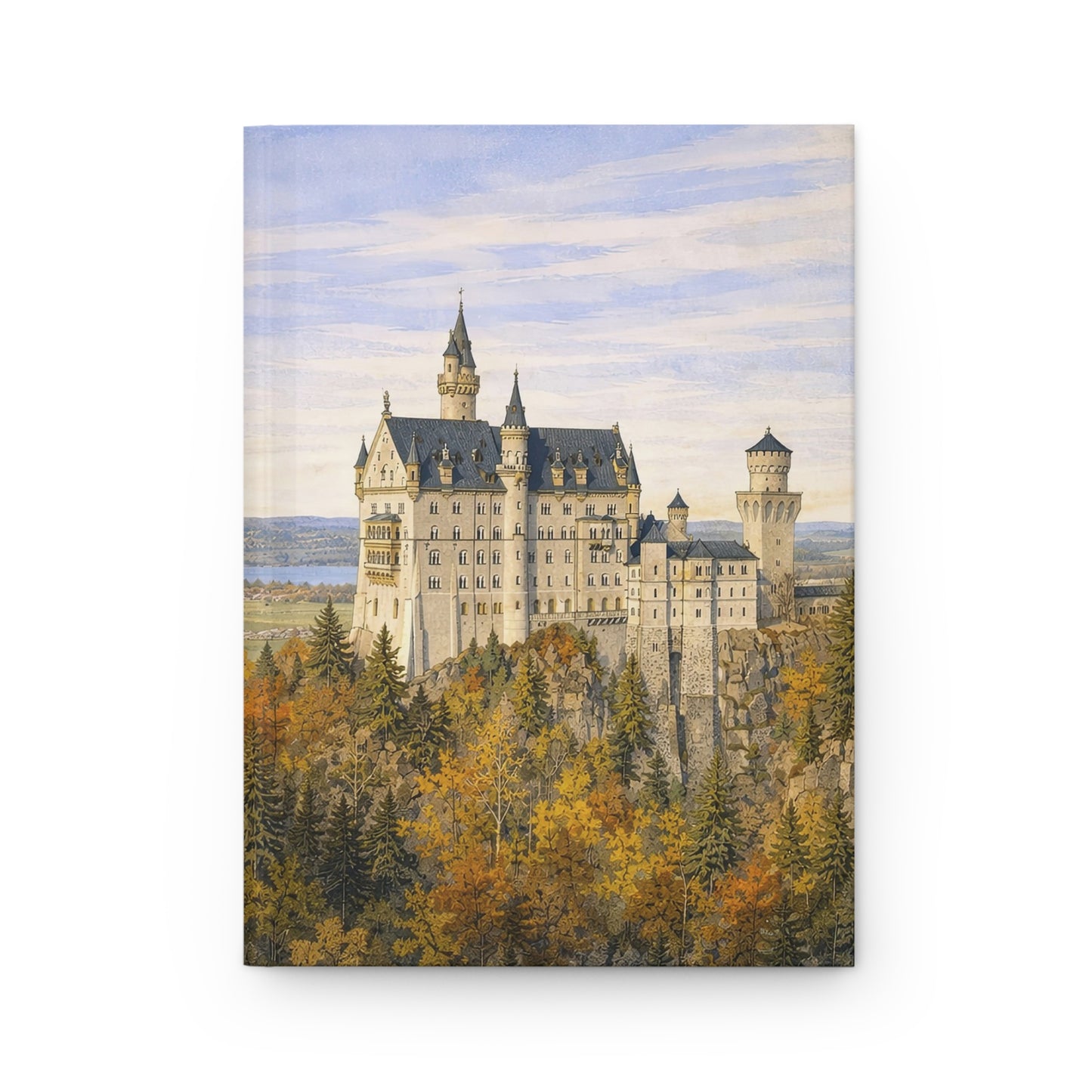 Nesuchwanstein Castle surrounded by trees with a blue sky hardback journal