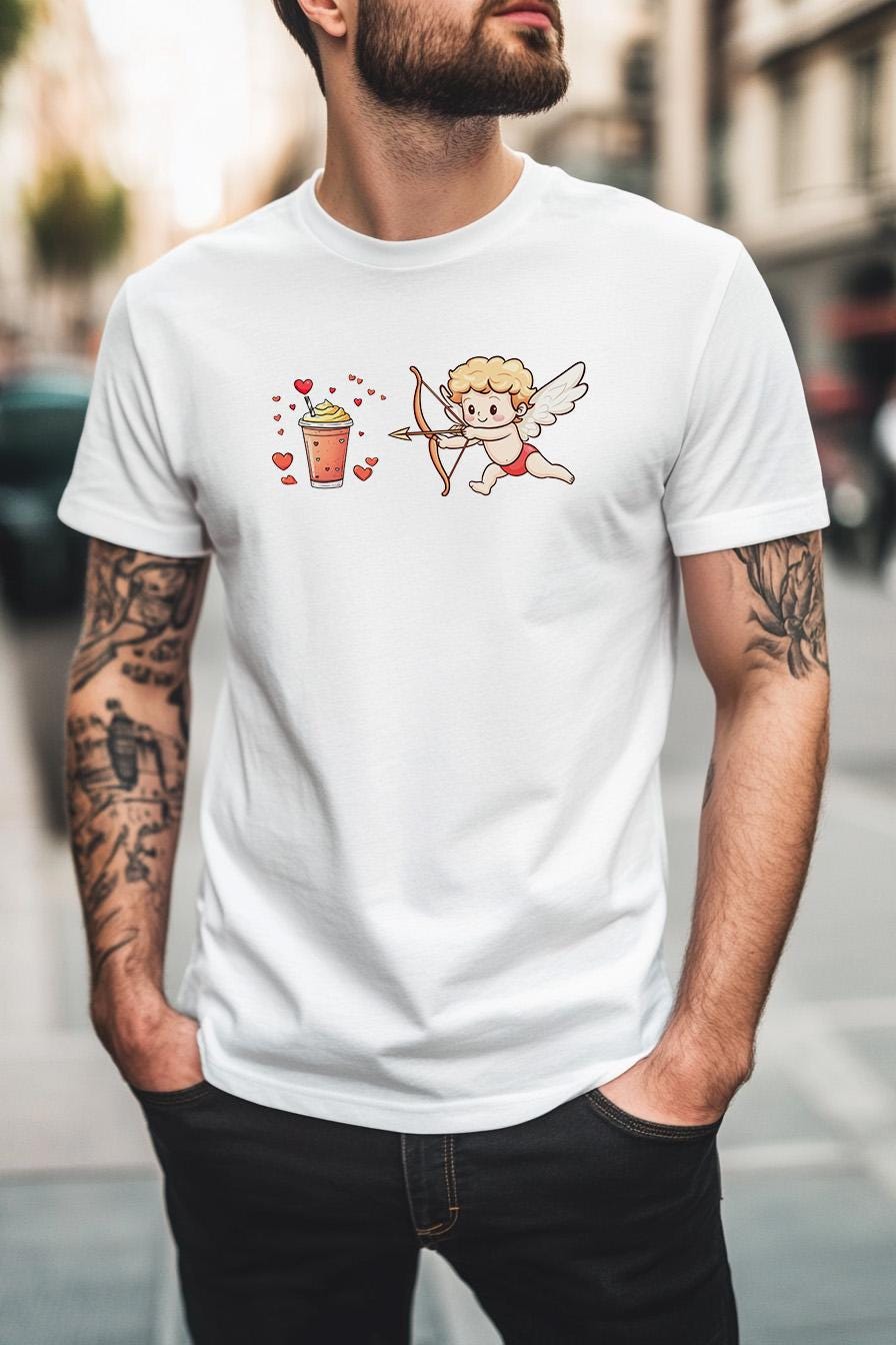 Cupid Chasing a Frappuccino Unisex T-Shirt | Different sizes and colors