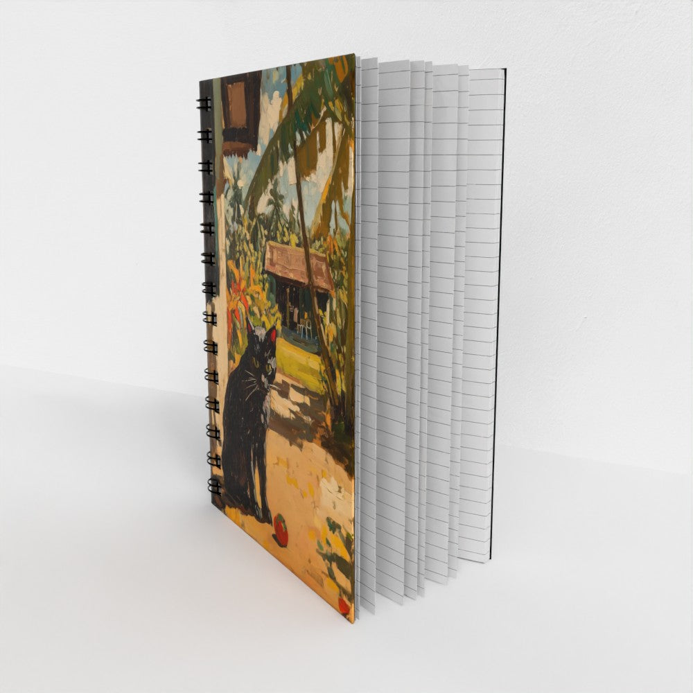 Notebook with a black cat illustration on a white background