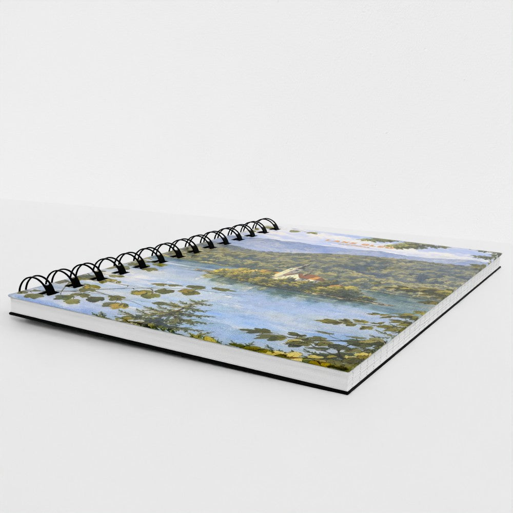 Notebook with a scenic cover of the Lake Bled in slovenia on a white background