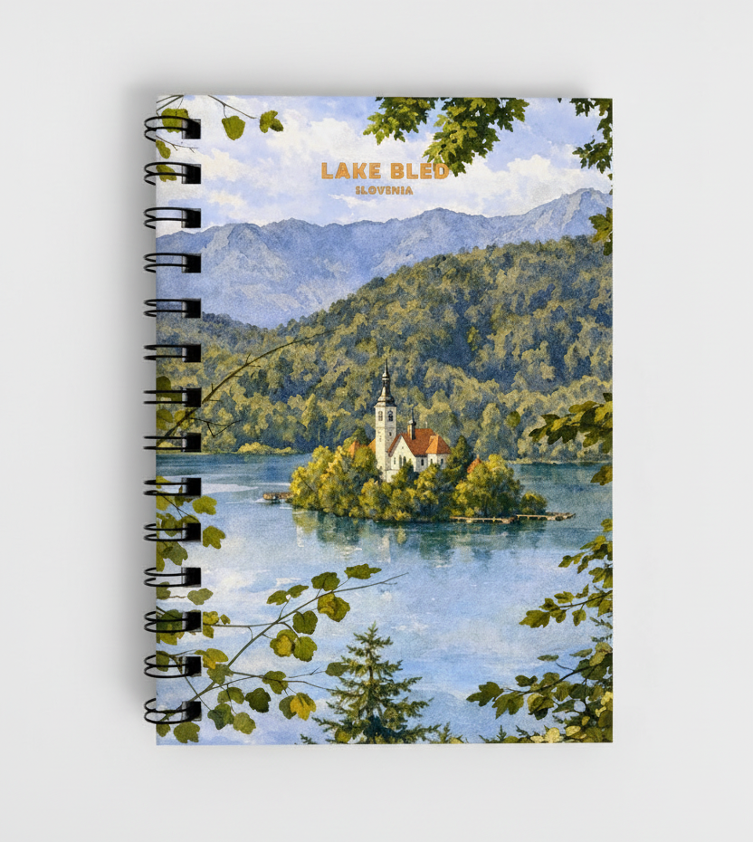A spiral-bound notebook featuring a scenic illustration of Lake Bled, Slovenia, with a small church island, mountains, and blue water. The notebook has a black wire spiral binding and is photographed against a light gray background.