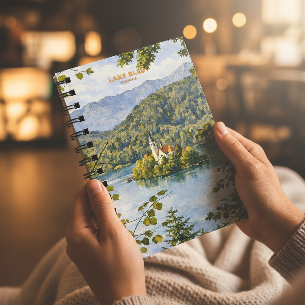 A person holds a spiral-bound notebook featuring a scenic illustration of Lake Bled, Slovenia, with mountains, green hills, and a church on a small island. The background shows a cozy, warmly lit indoor setting with soft bokeh lights.
