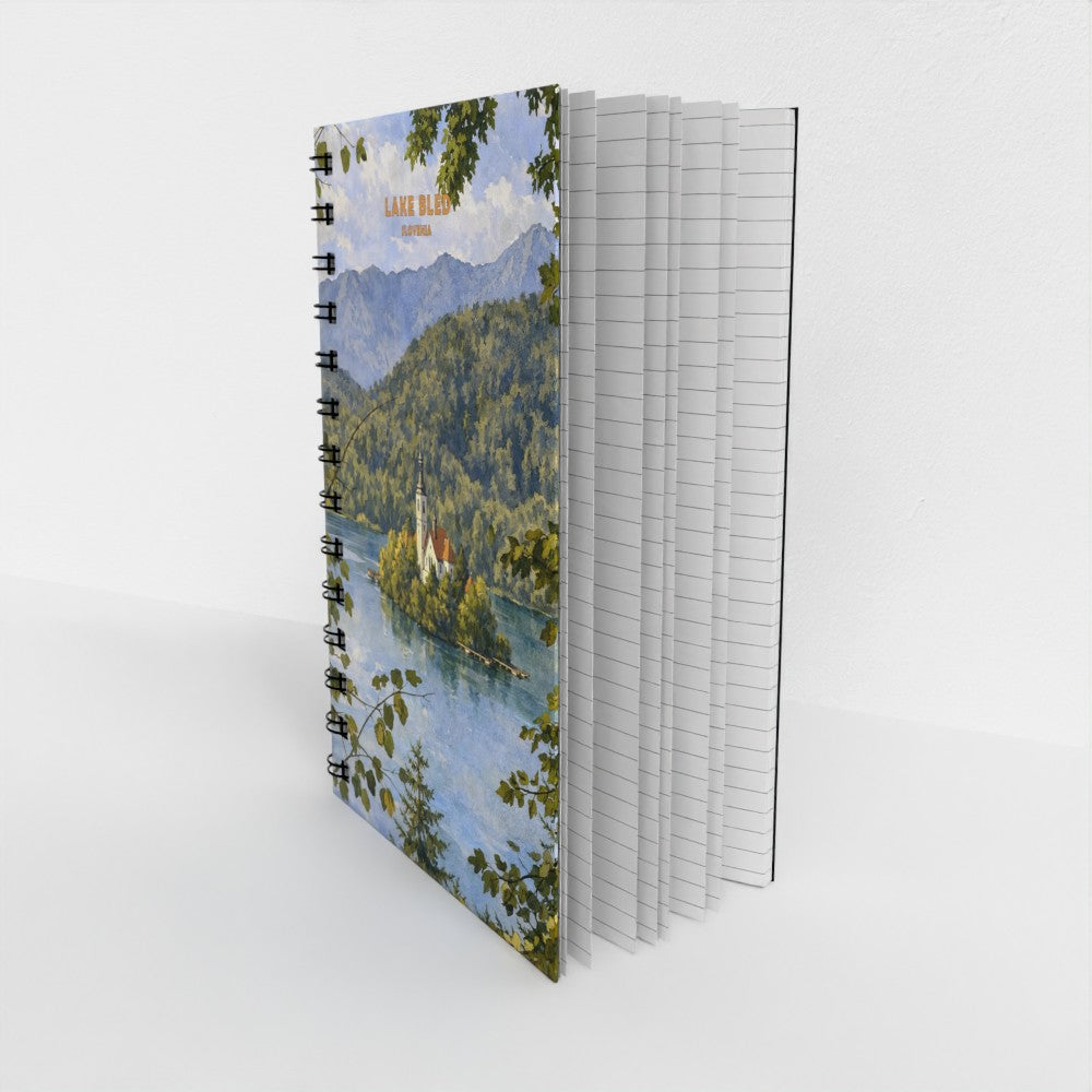 Notebook with a scenic cover featuring a lake and mountains on a white background