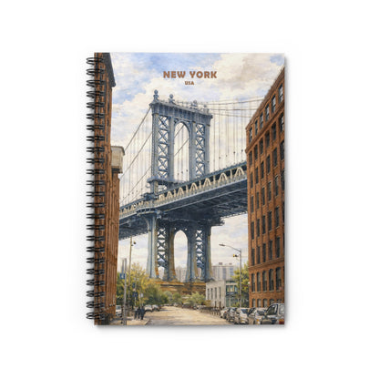 Notebook with a design of the Manhattan Bridge in New York City on the cover.