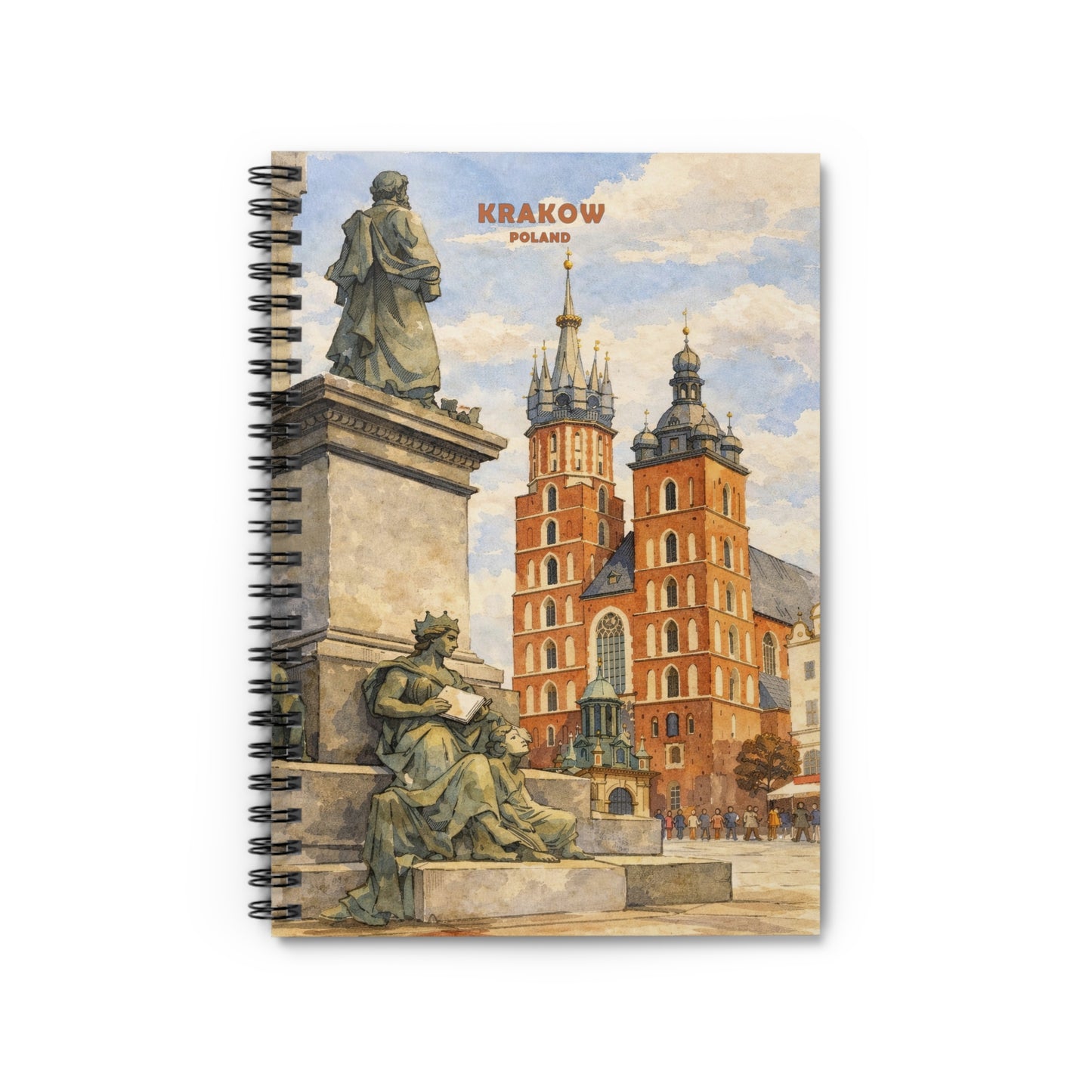 Notebook with a cover featuring statues and a church in Krakow, Poland.