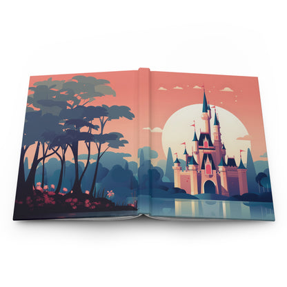 An open hardcover book with a colorful illustration printed across both pages, showing a fantasy castle beside water with trees and a large sun in the background.
