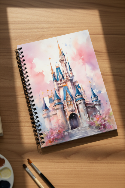 A spiral-bound notebook lying on a wooden tabletop, featuring a watercolor-style illustration of a fairytale castle with blue roofs and pink floral accents. Paintbrushes and a paint palette are partially visible at the bottom left, with soft sunlight casting shadows across the scene.