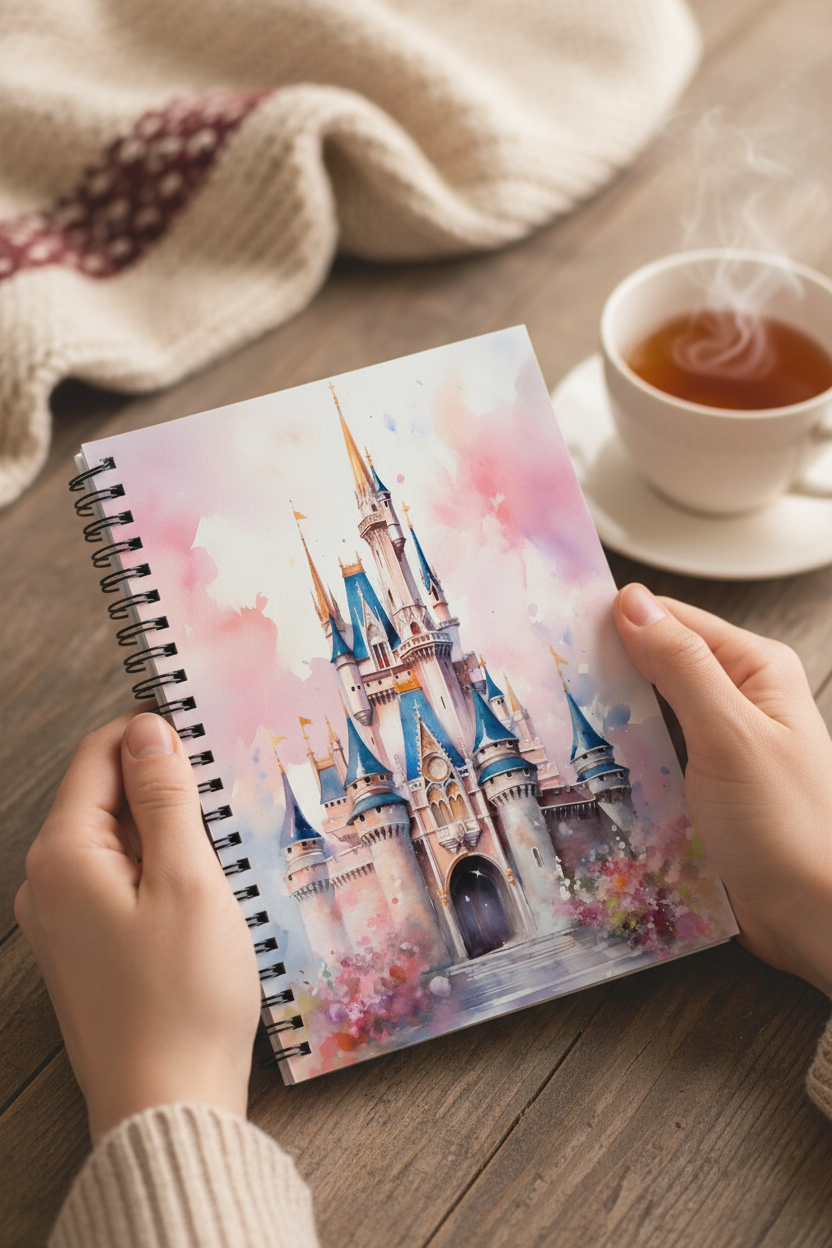 A person holds a spiral-bound notebook featuring a colorful watercolor illustration of a castle, with a cup of tea and a cozy blanket in the background on a wooden table.