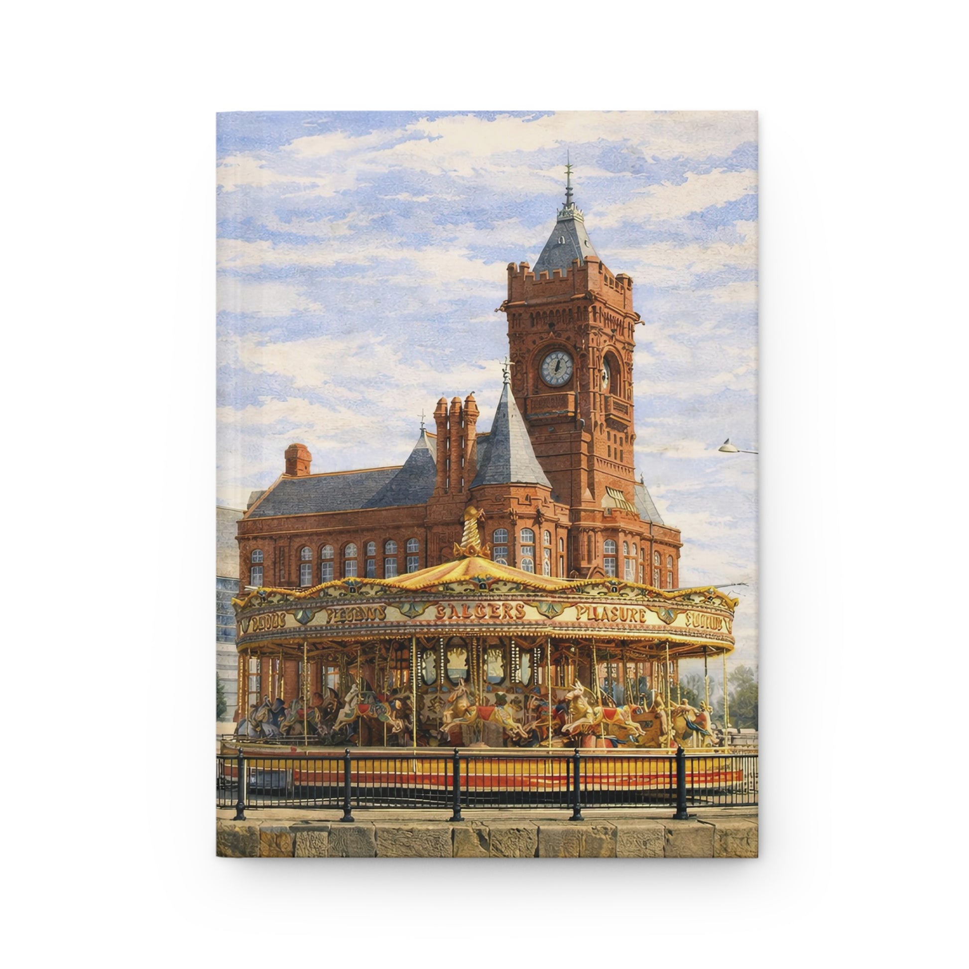 Painting of Cardiff Bay clock tower with a carousel in front against a blue sky.
