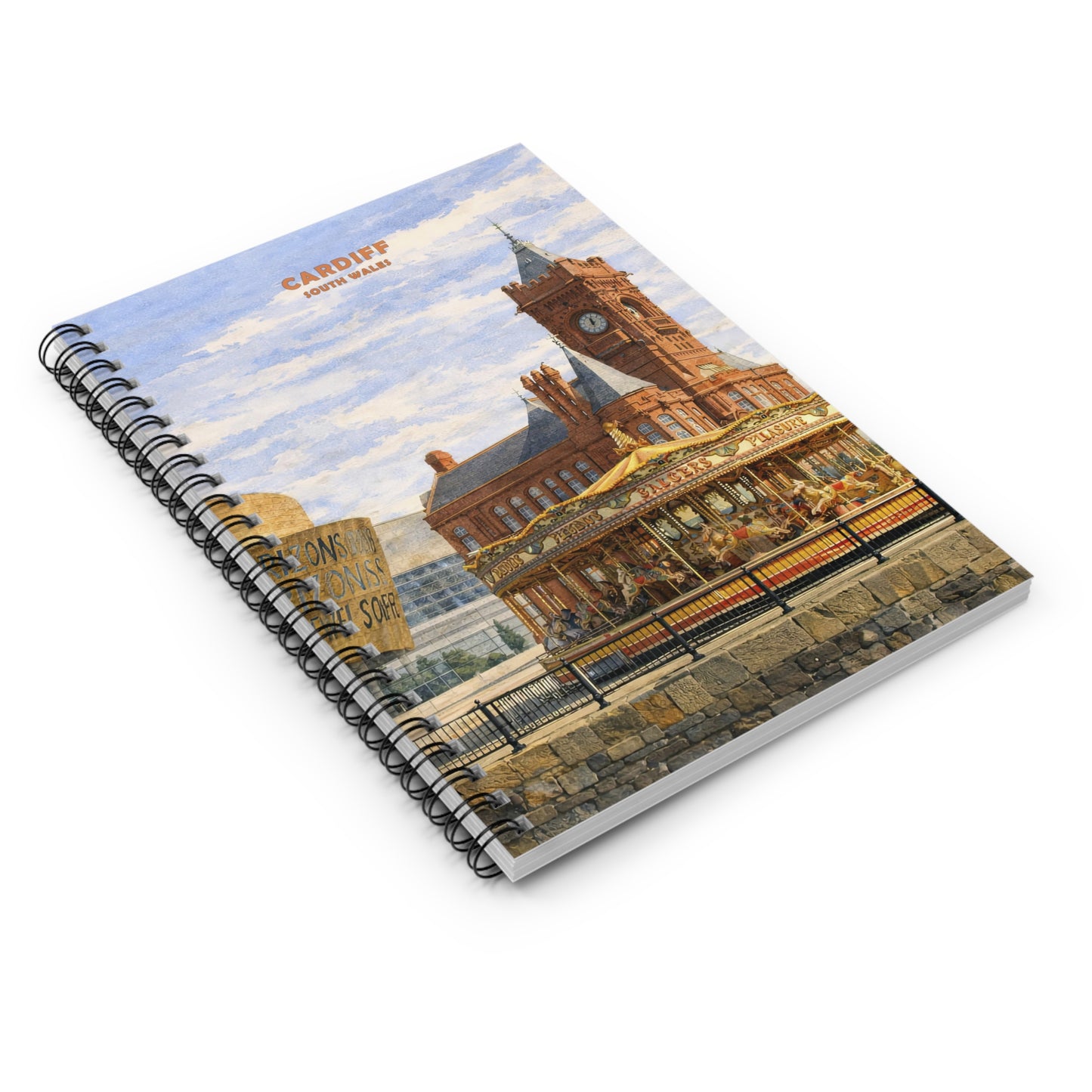 Notebook with a Cardiff Bay scenic cover design on a white background
