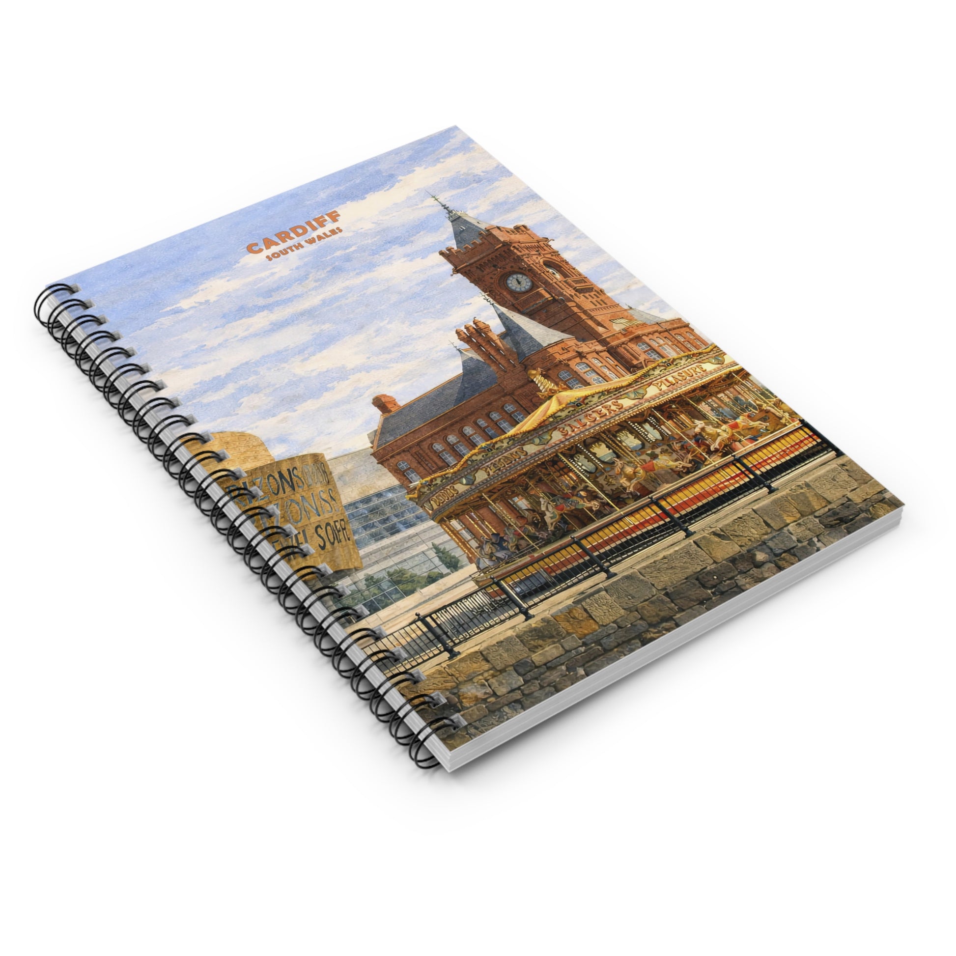 Notebook with a Cardiff Bay scenic cover design on a white background