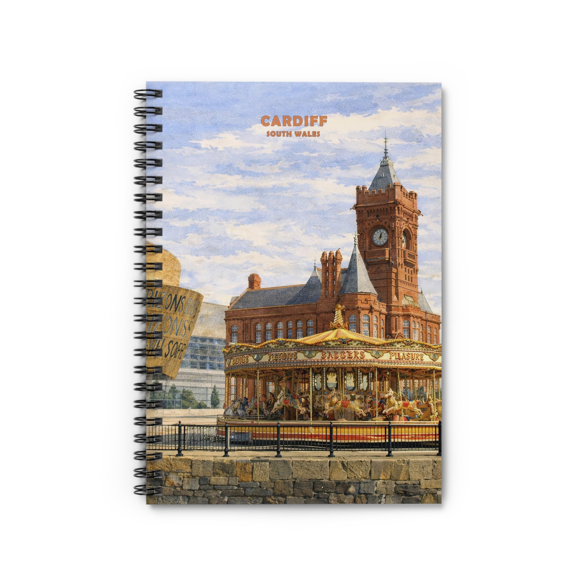 Notebook with a scenic cover of a clock tower and building in Cardiff, South Wales.